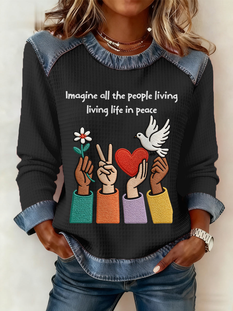 Damski top dzianinowy w patchworkowym wzorze z nadrukiem „Imagine All The People Living Life In Peace”