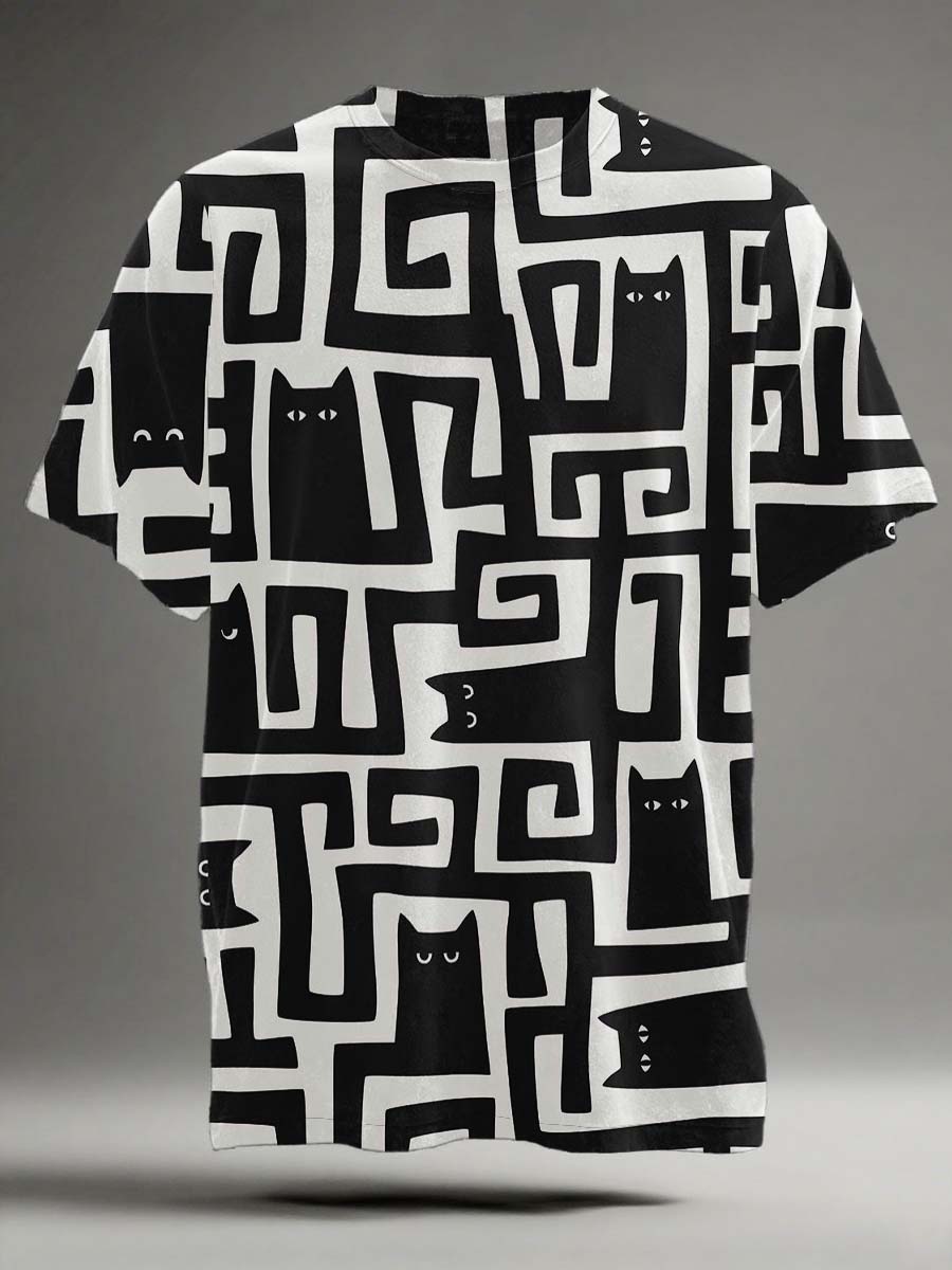 Black Cat Maze Print Casual Koszulka z krótkim rękawem