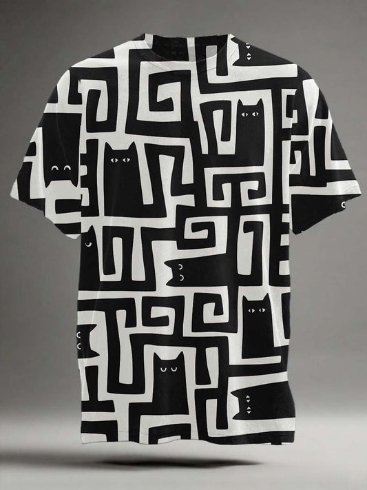 Black Cat Maze Print Casual Koszulka z krótkim rękawem