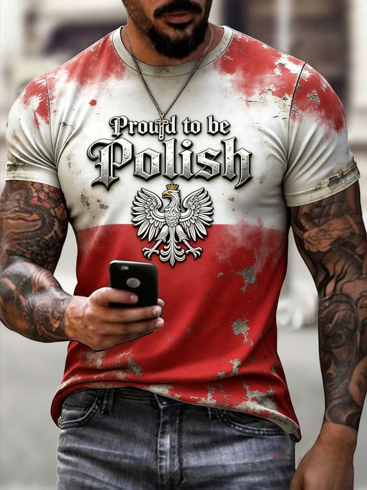 Męski koszulka casualowa w stylu vintage z nadrukiem „Duma polskiego orła”