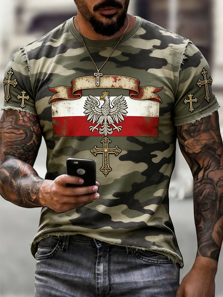 Męskie Retro Polski Orzeł Wiara Kamuflaż Casual T-Shirt