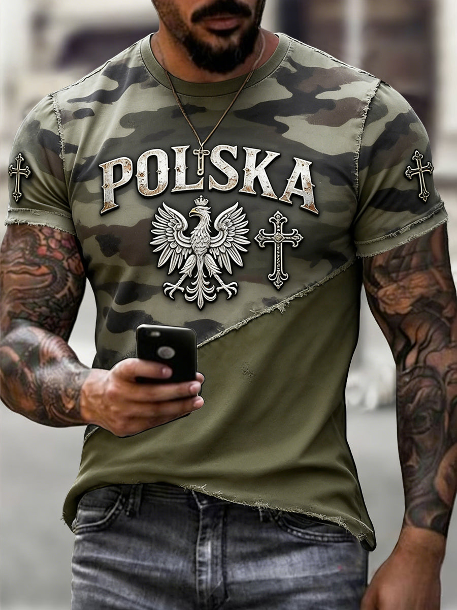 Męskie Retro Polski Orzeł Wiara Kamuflaż Patchwork Casual T-Shirt