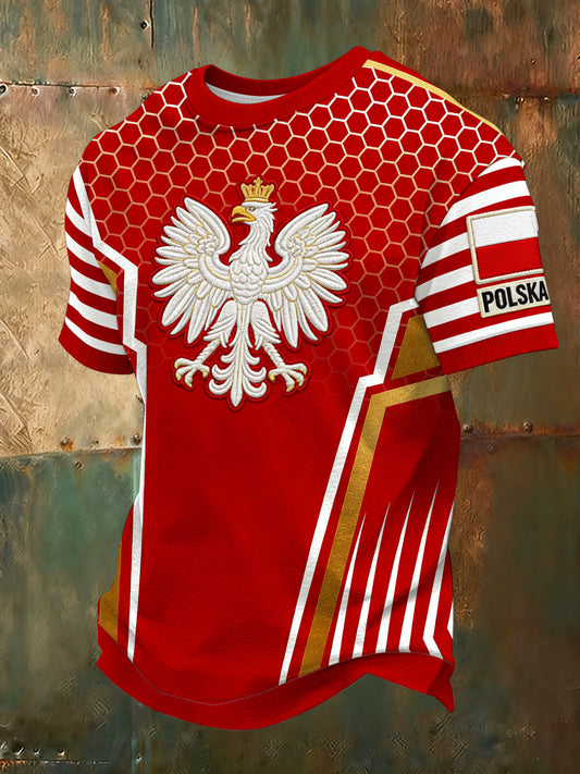 Męski t-shirt dla kibica piłki nożnej w kolorach flagi Polski z artystycznym nadrukiem