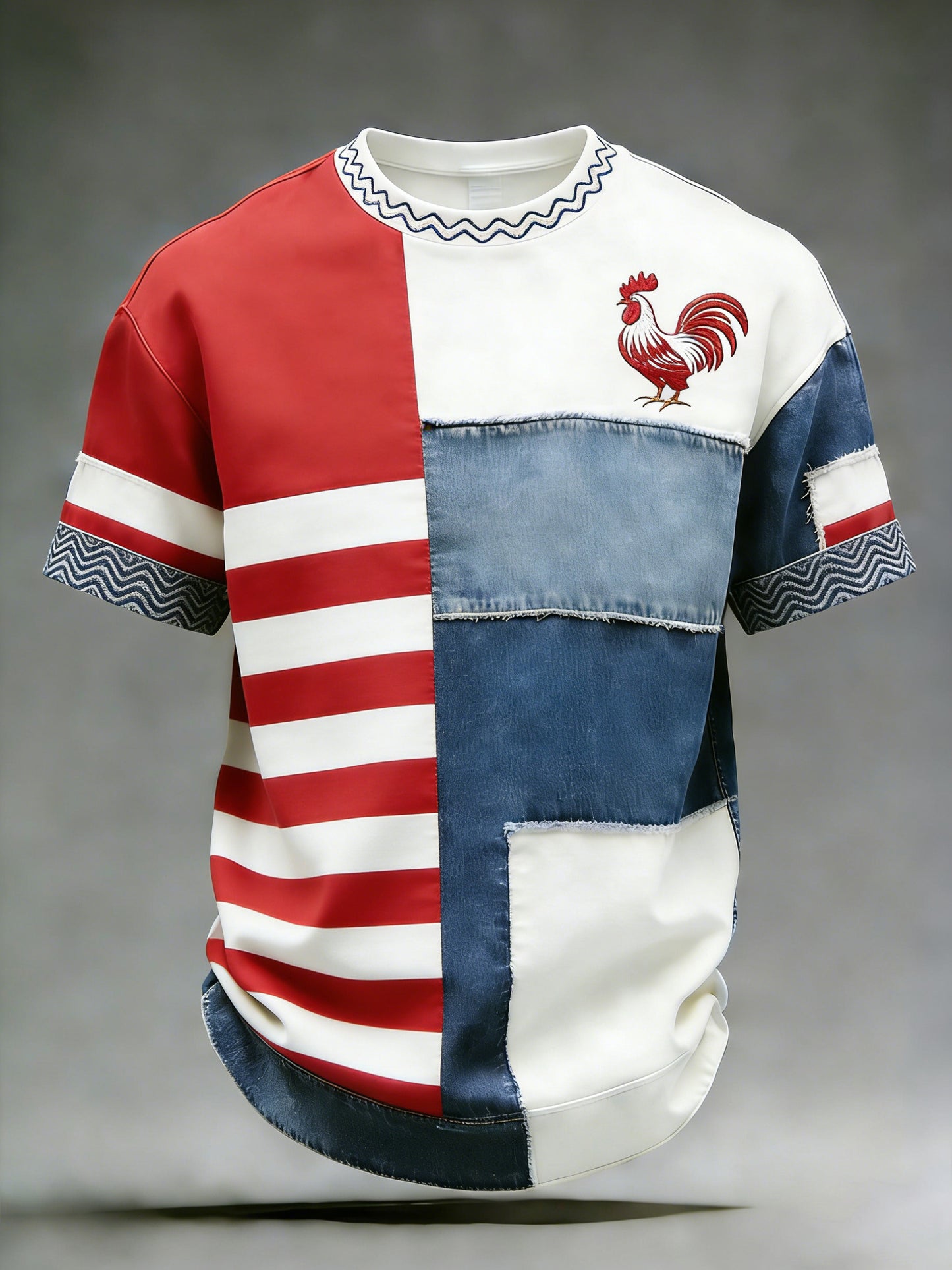 Męski t-shirt z artystycznym nadrukiem wycinanki papierowej przedstawiającej koguta