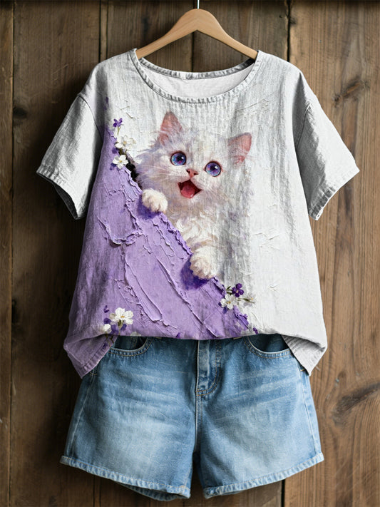 Damskie Rośliny I Kwiaty Śliczny Kot Nadruk Casual T-Shirt