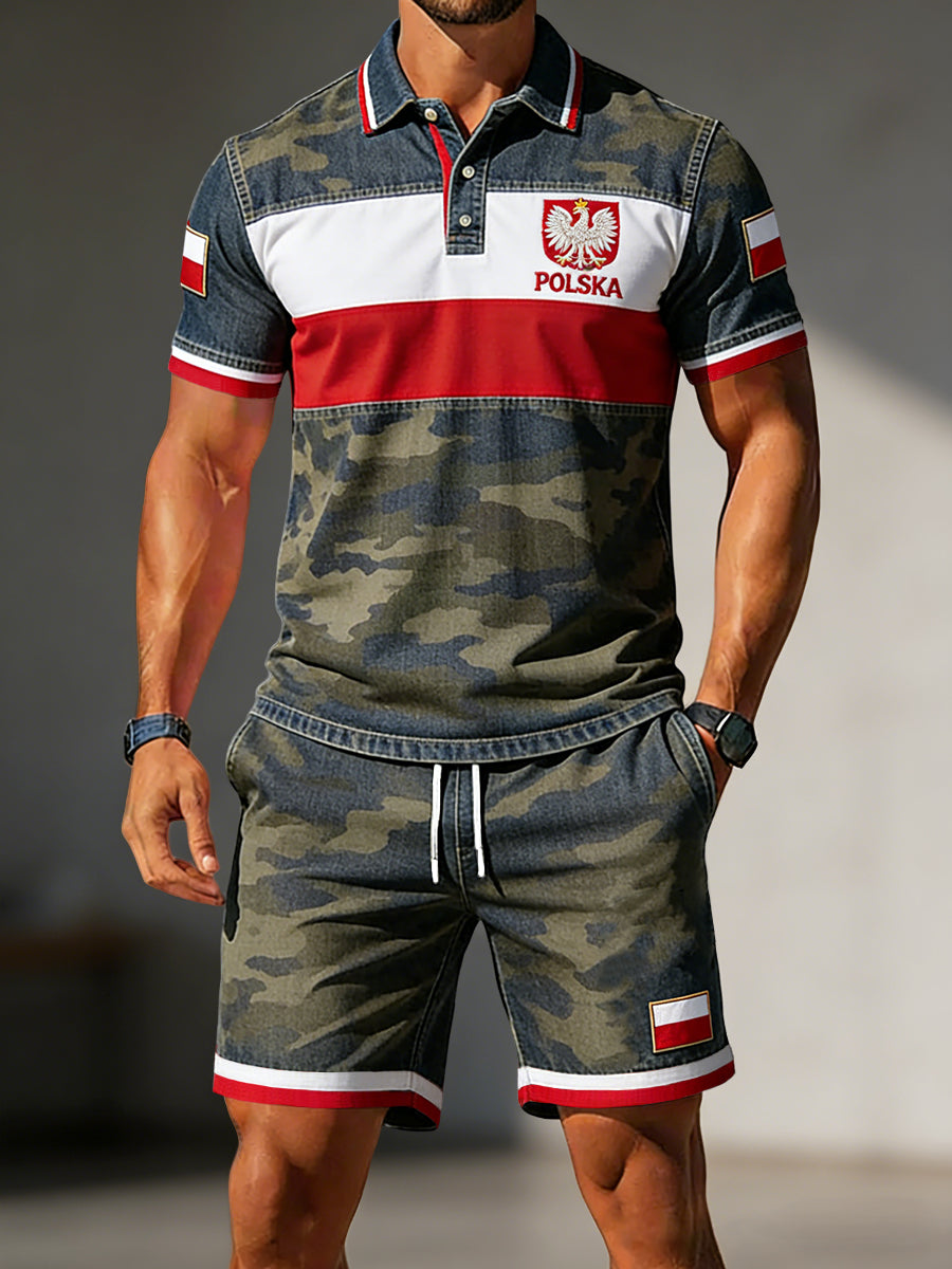 Męskie Retro Polski Kamuflaż Patchwork Casual Spodenki Polo Zestaw