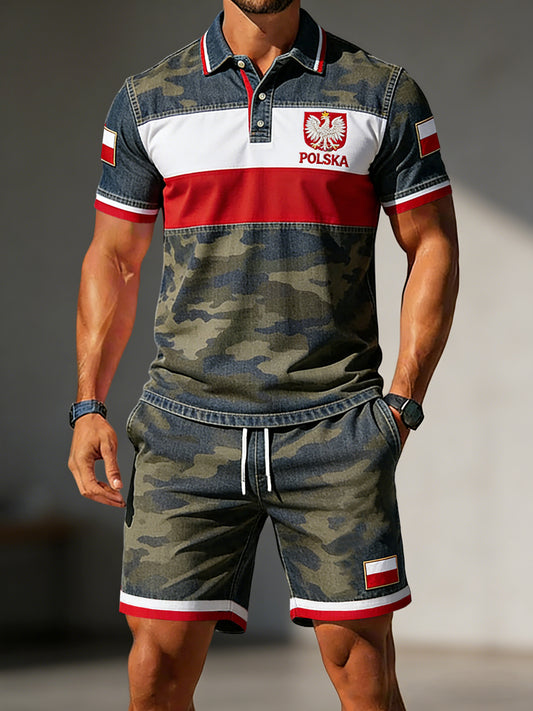 Męskie Retro Polski Kamuflaż Patchwork Casual Spodenki Polo Zestaw