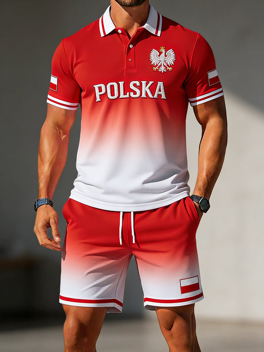 Męskie Retro Polski Gradient Casual Spodenki Polo Zestaw