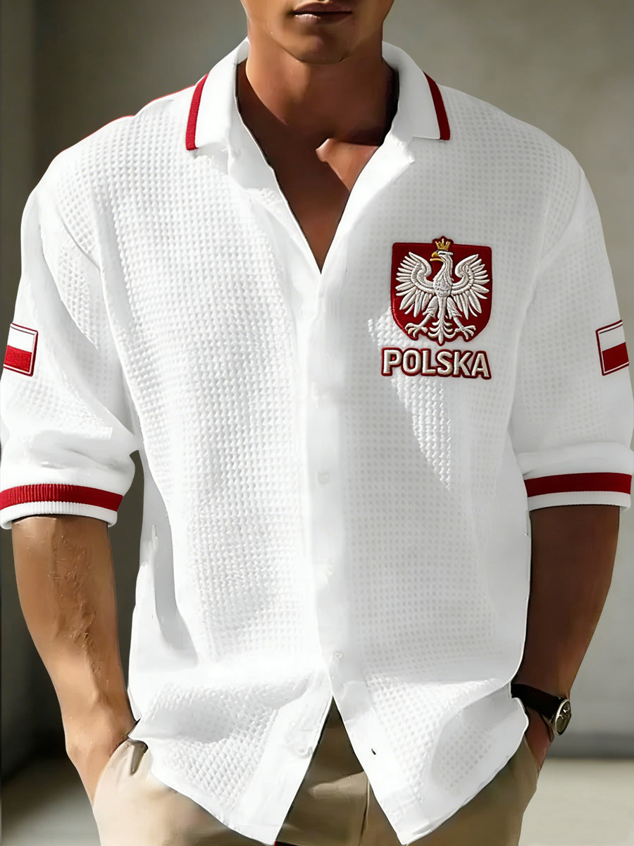 Męska koszula w stylu vintage z polskim herbem, codzienna, o splocie gofrowanym