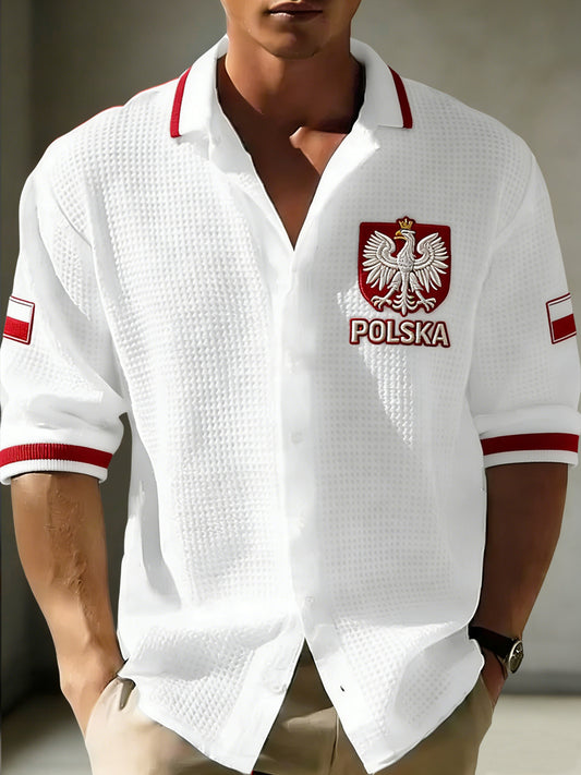 Męska koszula w stylu vintage z polskim herbem, codzienna, o splocie gofrowanym