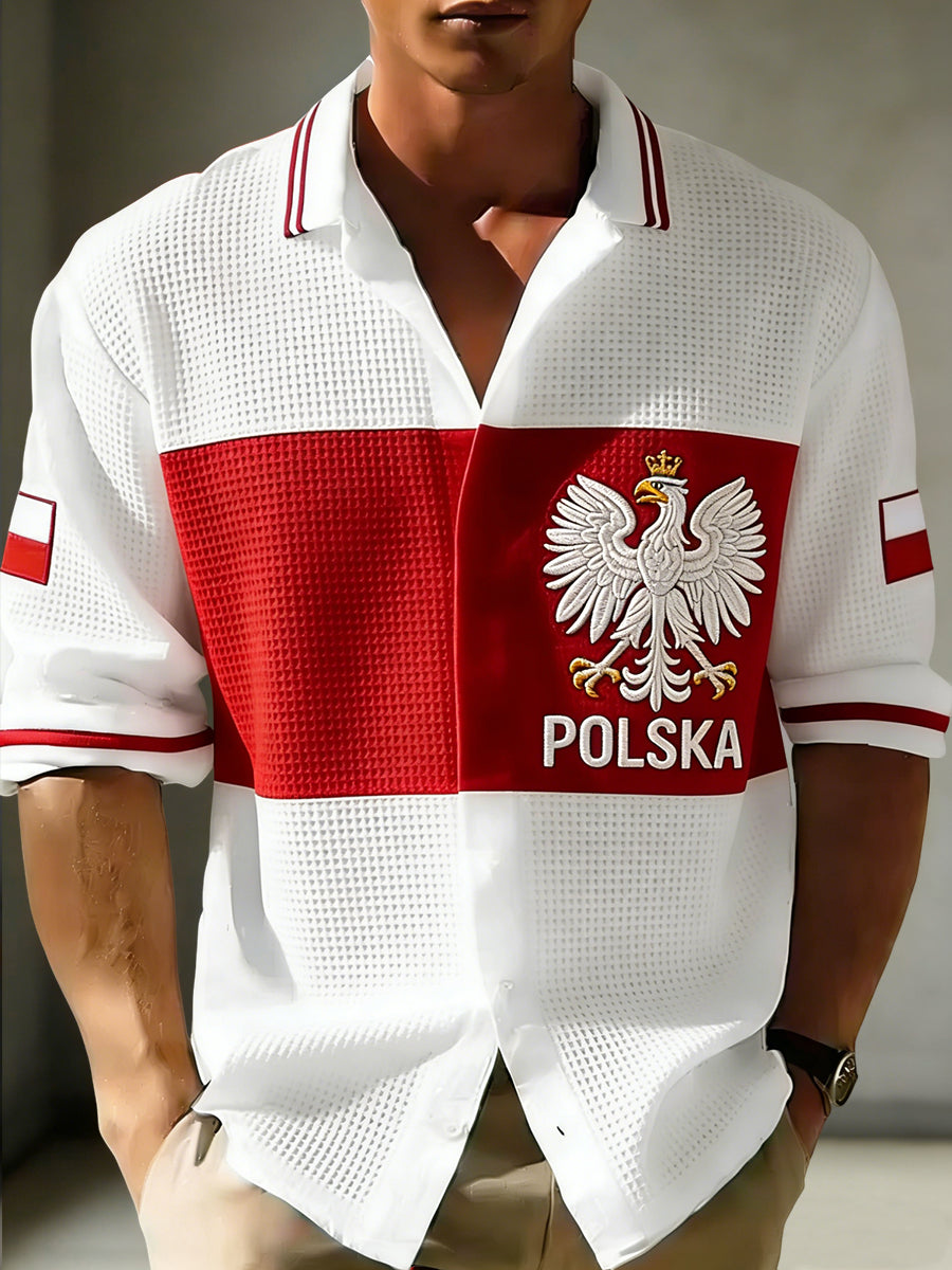 Męska, w stylu vintage, polska koszula codzienna z patchworkiem w kratkę wafelową