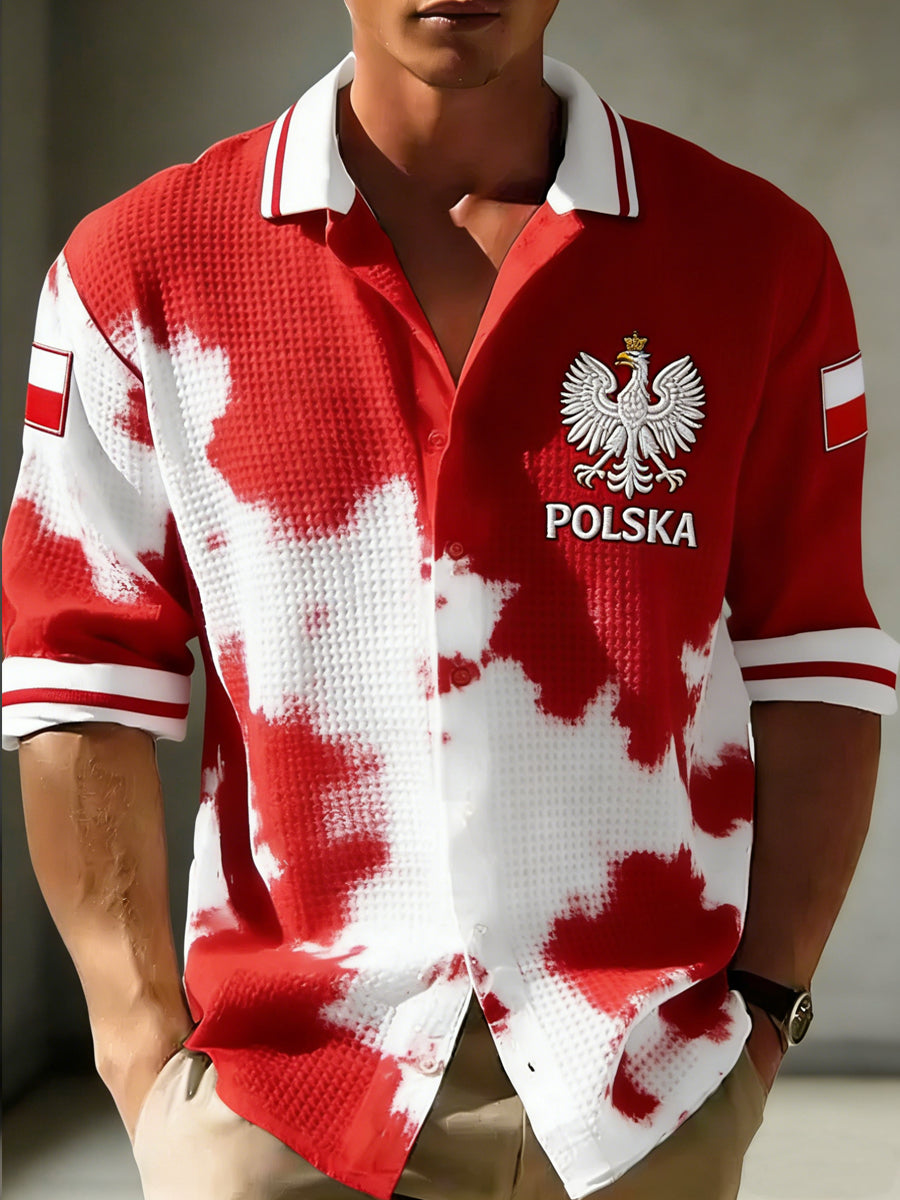 Męska koszula w stylu vintage w polskim stylu, codzienna, z tkaniny gofrowanej