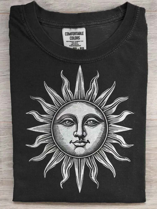 Retro Sun God Print Casual Koszulka z krótkim rękawem