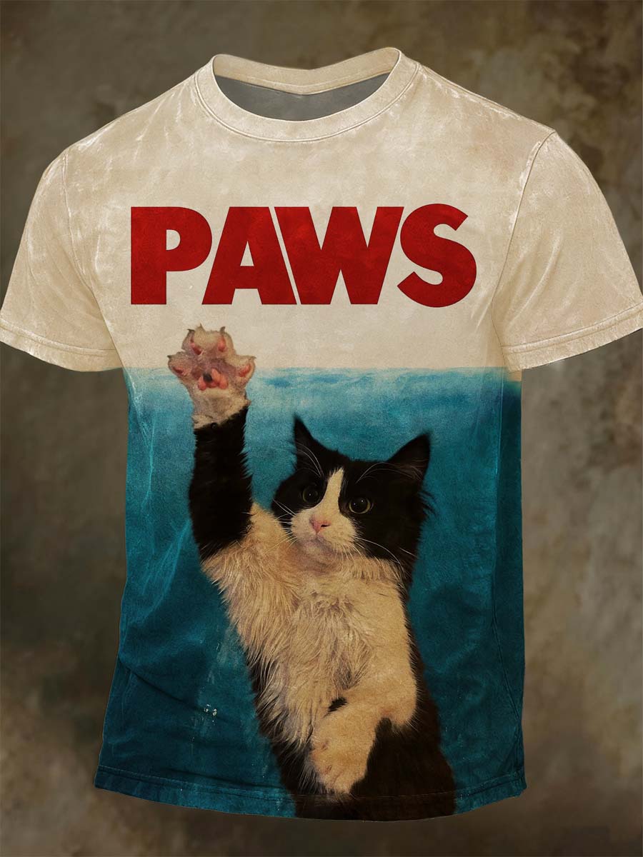 PAWS Cat Parody Print Casual Koszulka z krótkim rękawem