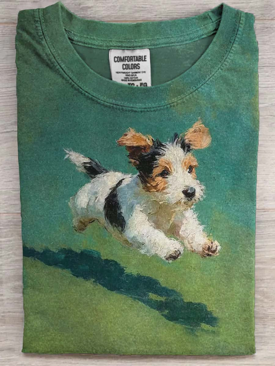 Running Puppy Print Casual Koszulka z krótkim rękawem
