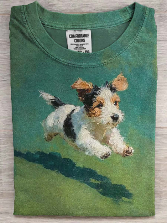 Running Puppy Print Casual Koszulka z krótkim rękawem
