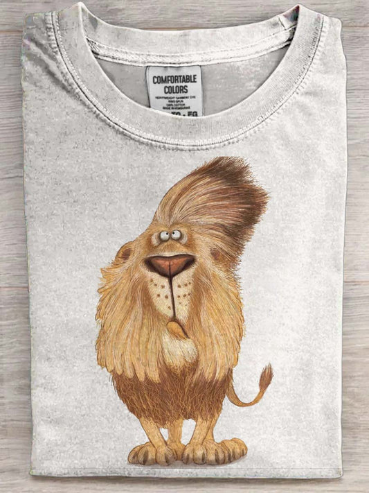 Funny Lion Print Casual Koszulka z krótkim rękawem