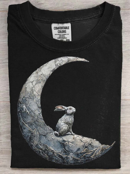 Moon Rabbit patrząc na księżyc Print Casual Koszulka z krótkim rękawem