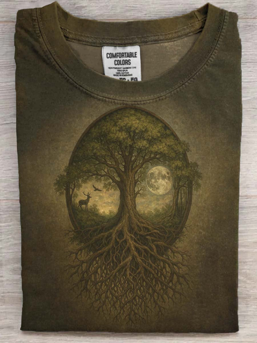 Tree of Life Forest Deer Print Casual Koszulka z krótkim rękawem