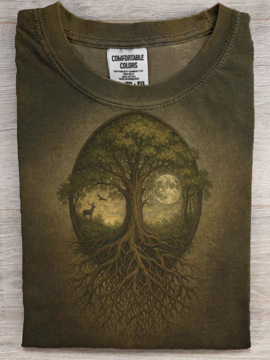 Tree of Life Forest Deer Print Casual Koszulka z krótkim rękawem