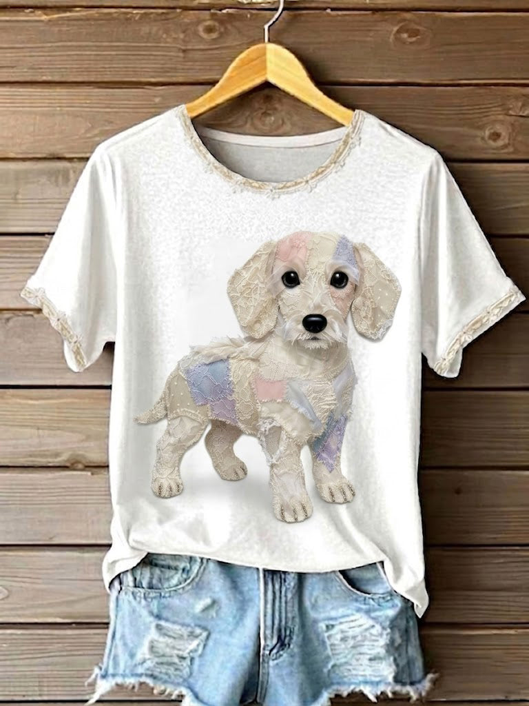 Kobiecy t-shirt artystyczny z psami, koronką, patchworkiem i nadrukiem