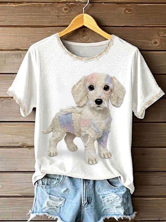Kobiecy t-shirt artystyczny z psami, koronką, patchworkiem i nadrukiem