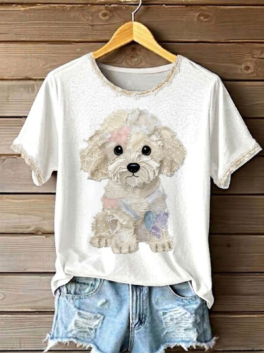 Kobiecy t-shirt artystyczny z psami, koronką, patchworkiem i nadrukiem