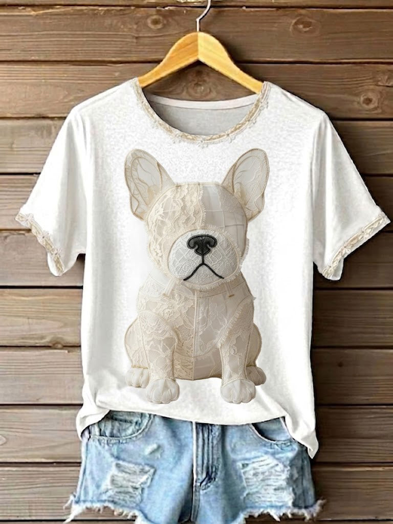 Kobiecy t-shirt artystyczny z psami, koronką, patchworkiem i nadrukiem