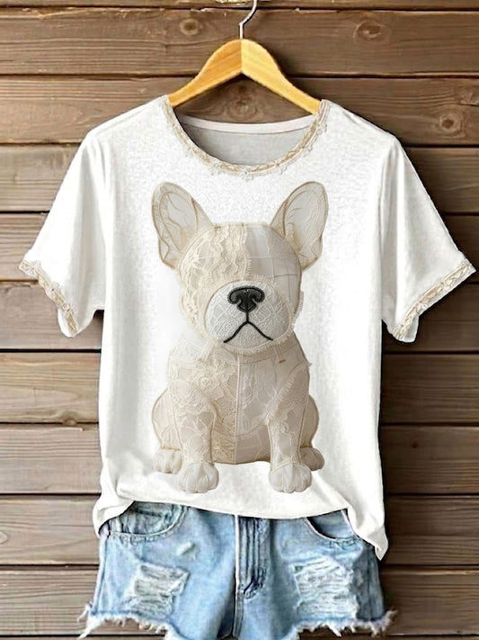 Kobiecy t-shirt artystyczny z psami, koronką, patchworkiem i nadrukiem