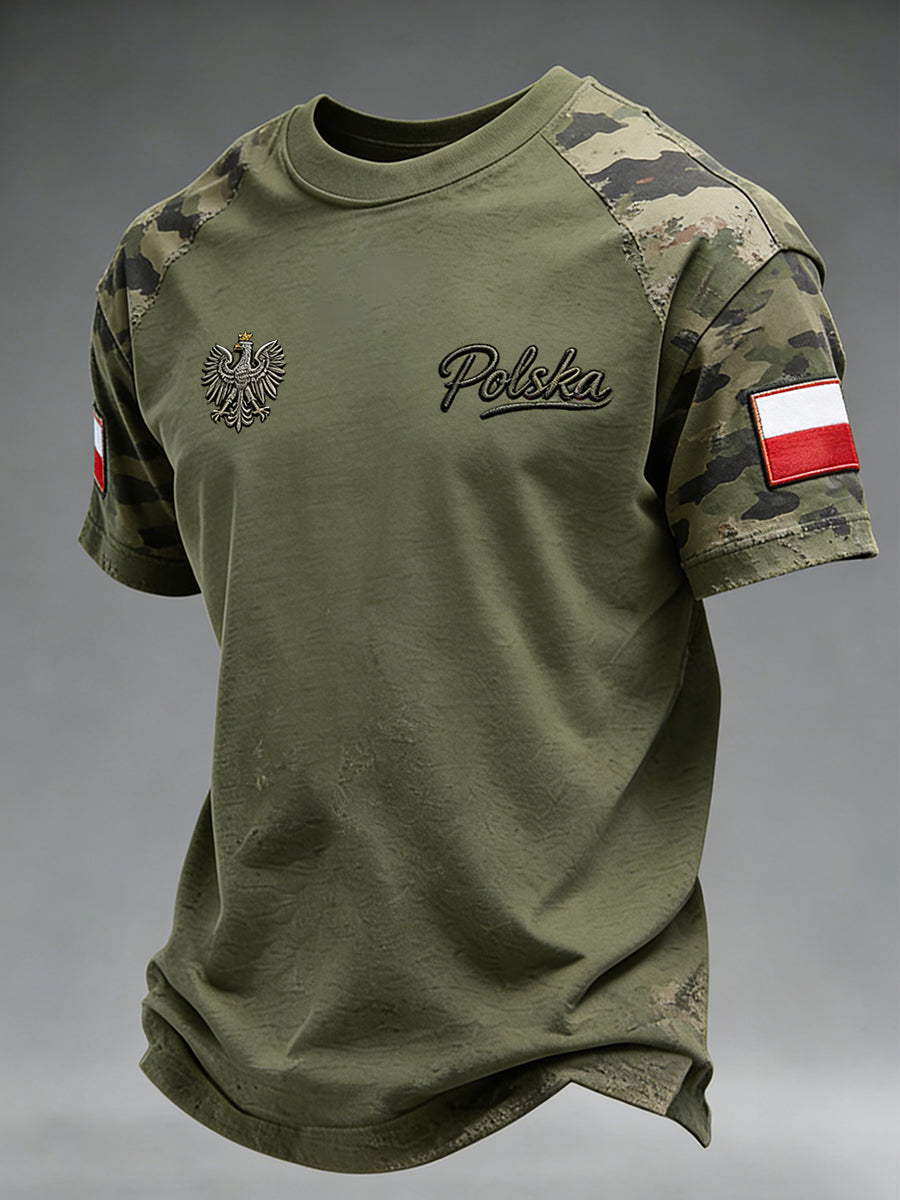 Męski t-shirt na co dzień w stylu distressed z kamuflażem i patchworkowym nadrukiem