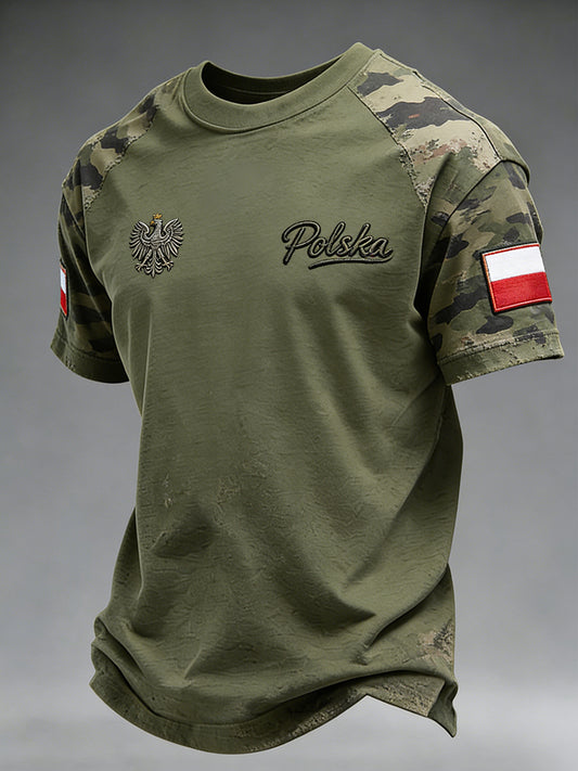 Męski t-shirt na co dzień w stylu distressed z kamuflażem i patchworkowym nadrukiem