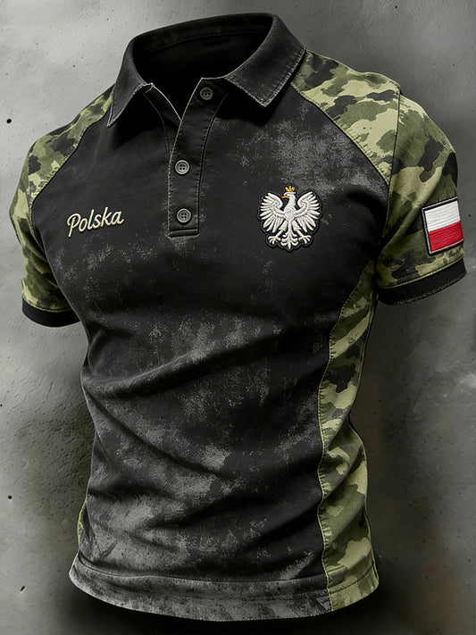 Męska casualowa koszulka polo z efektem znoszenia, kamuflażowym wzorem i patchworkowym nadrukiem
