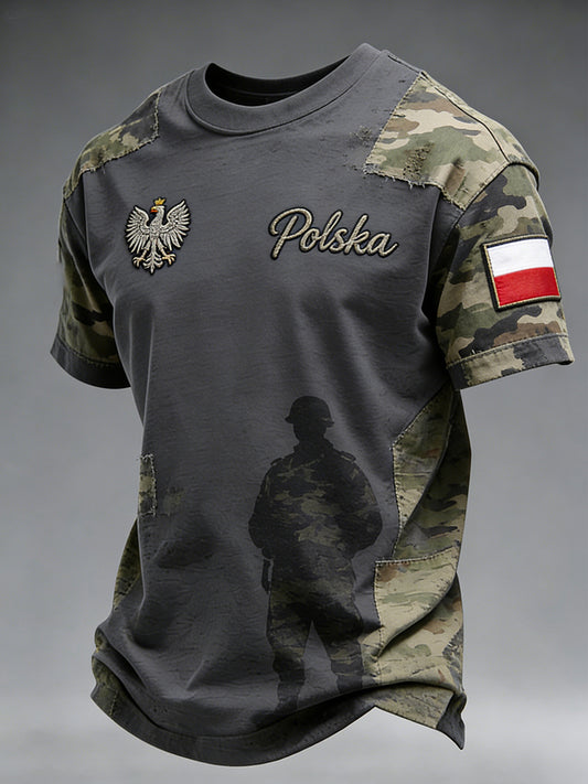 Męski t-shirt na co dzień w stylu distressed z kamuflażem i patchworkowym nadrukiem