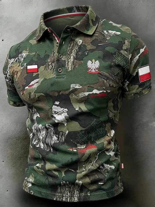 Męska casualowa koszulka polo z efektem znoszenia, kamuflażowym wzorem i patchworkowym nadrukiem
