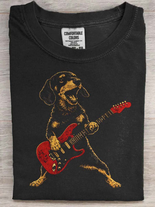 Jamnik Gitarzysta Print Casual Koszulka z krótkim rękawem