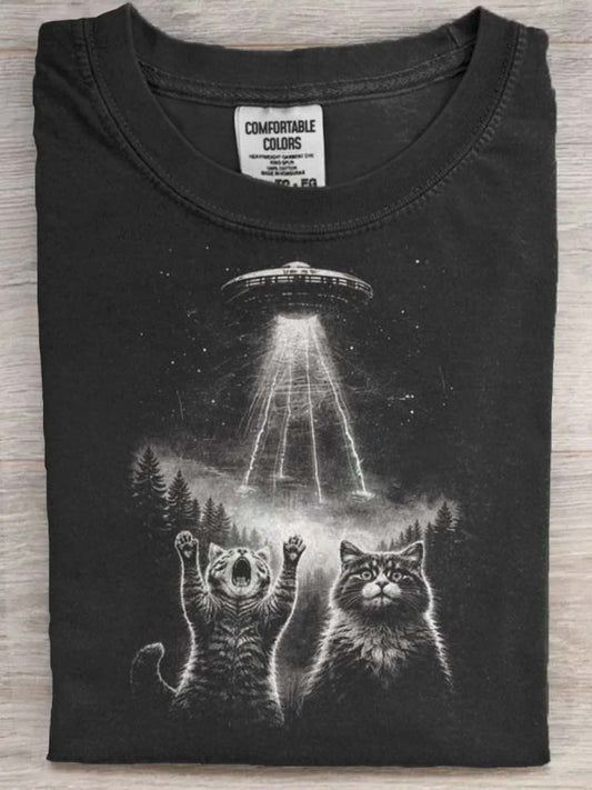 Cat UFO Print Casual Koszulka z krótkim rękawem