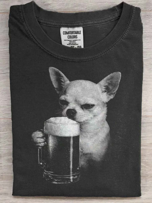 Chihuahua Picie piwa Nadruk Casual T-Shirt z krótkim rękawem