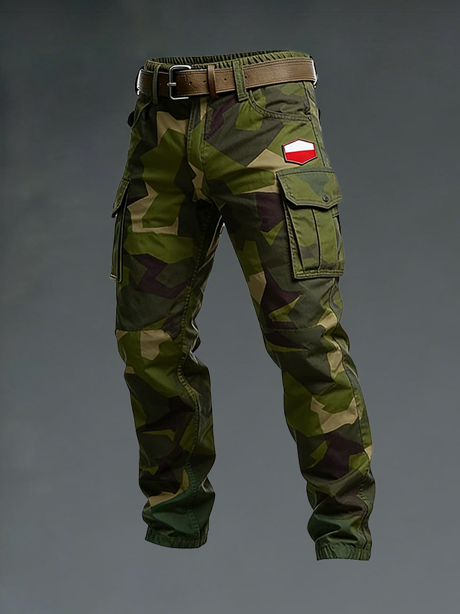 Męskie spodnie cargo z kamuflażowym nadrukiem w stylu distressed
