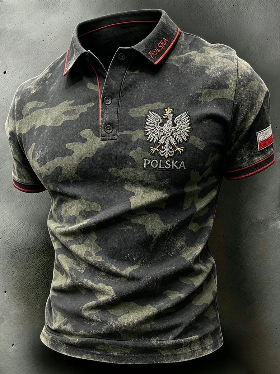 Męska koszulka polo z kamuflażowym nadrukiem w stylu distressed