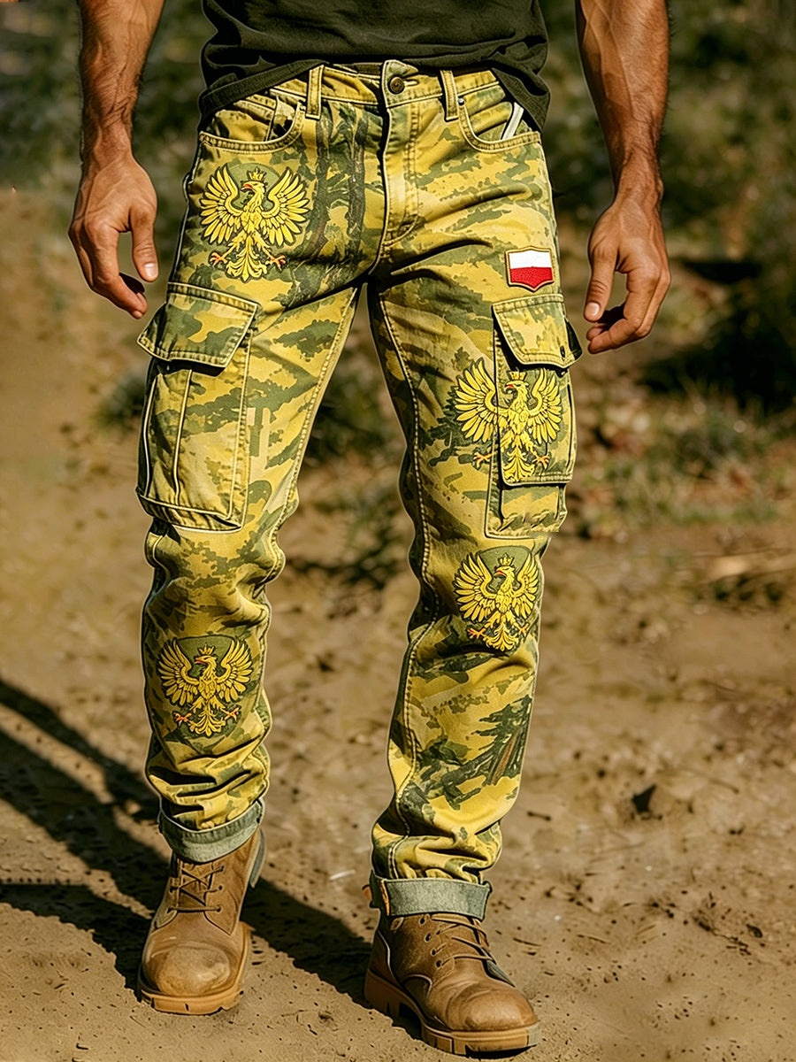 Męskie spodnie cargo w stylu shabby z kamuflażem i nadrukiem czaszki