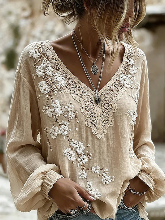 Damski, swobodny top w stylu vintage z bawełny i lnu, z haftowanymi kwiatami i nadrukowanym patchworkiem