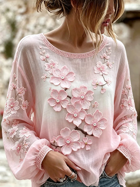 Damski, swobodny top w stylu vintage z bawełny i lnu, z haftowanymi kwiatami i nadrukowanym patchworkiem