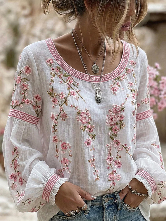 Damski styl vintage swobodny top z bawełny i lnu z haftowanym kwiatem i nadrukiem patchwork