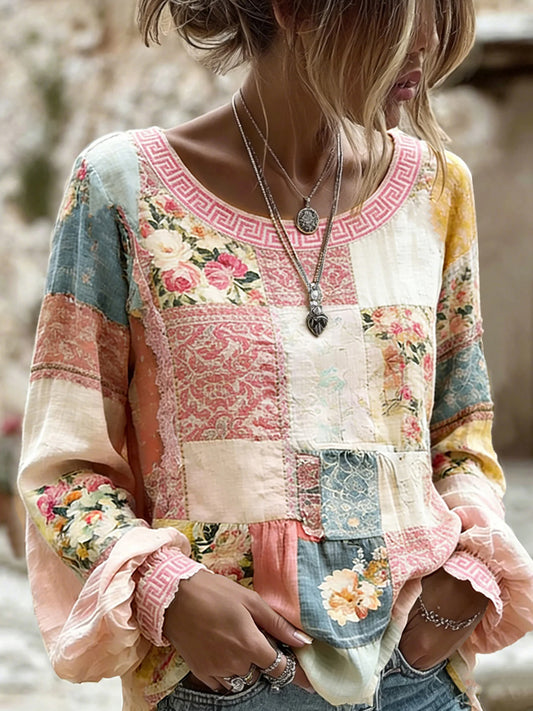 Damski, swobodny top w stylu vintage z bawełny i lnu, z haftowanymi kwiatami i nadrukowanym patchworkiem
