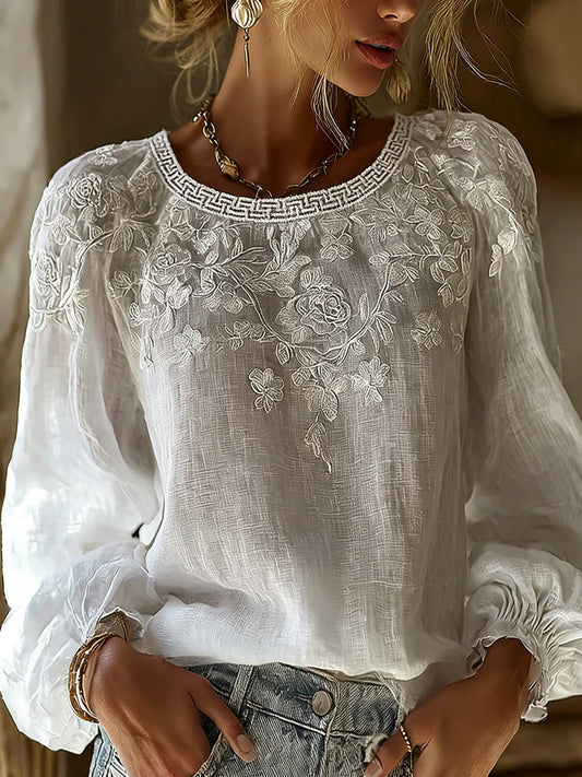 Damski, swobodny top w stylu vintage z bawełny i lnu, z haftowanymi kwiatami i nadrukowanym patchworkiem