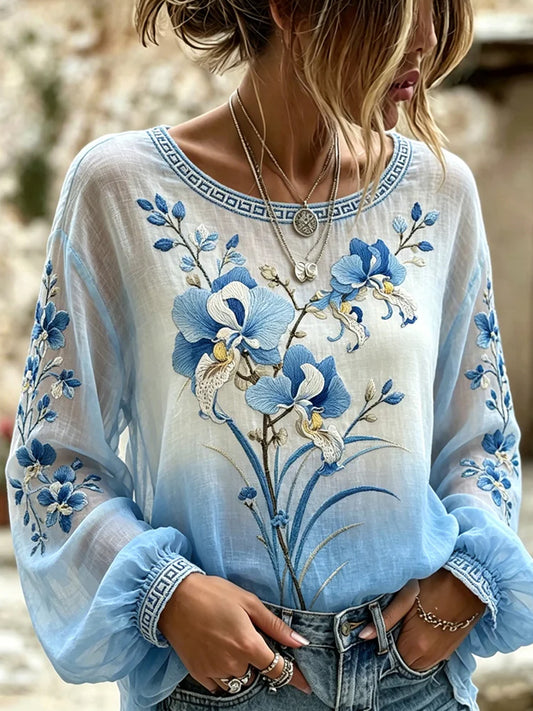 Damski, swobodny top w stylu vintage z bawełny i lnu, z haftowanymi kwiatami i nadrukowanym patchworkiem