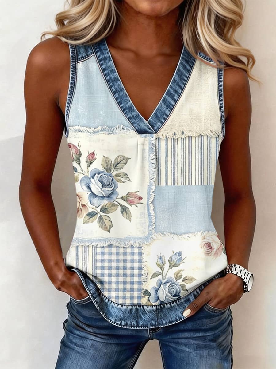 Damski wzór w kwiaty i paski Jenim Patchwork Top