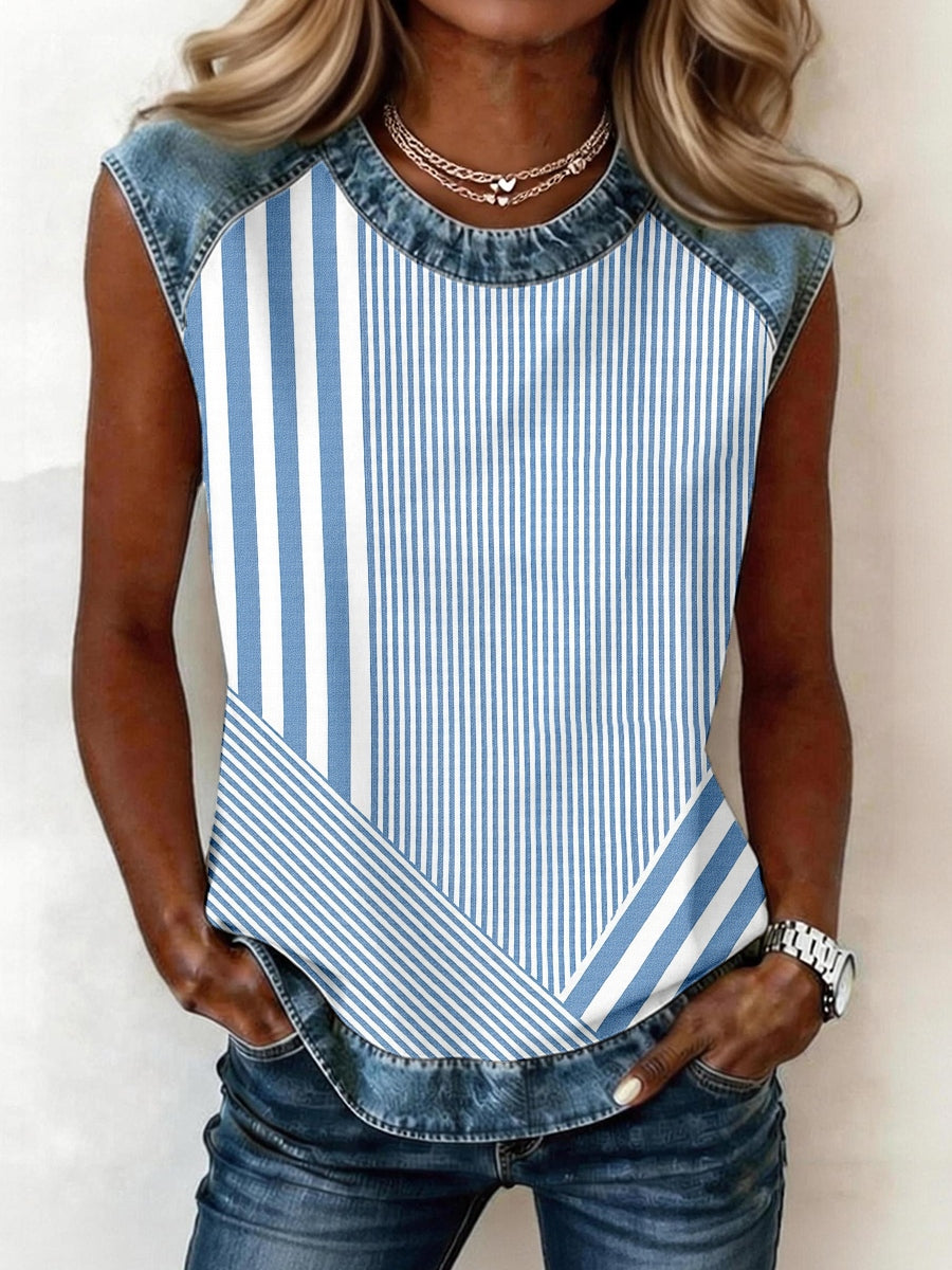 Damski prosty wzór w paski Denim Patchwork Top bez rękawów