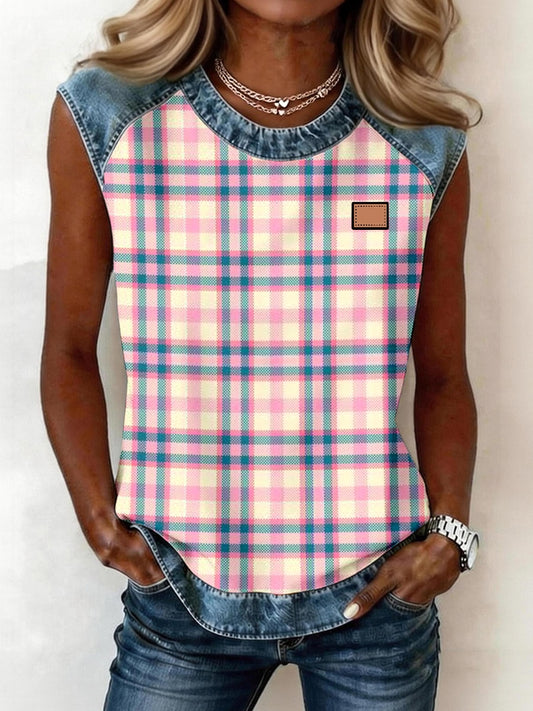 Damski wzór w stylu pled denim patchwork top bez rękawów