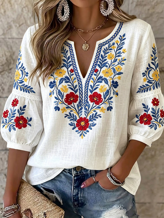 Damski top w stylu vintage, szwedzki, na Szwecjańskie Święto Lata, z motywem kwiatowym i dekoltem w kształcie litery V